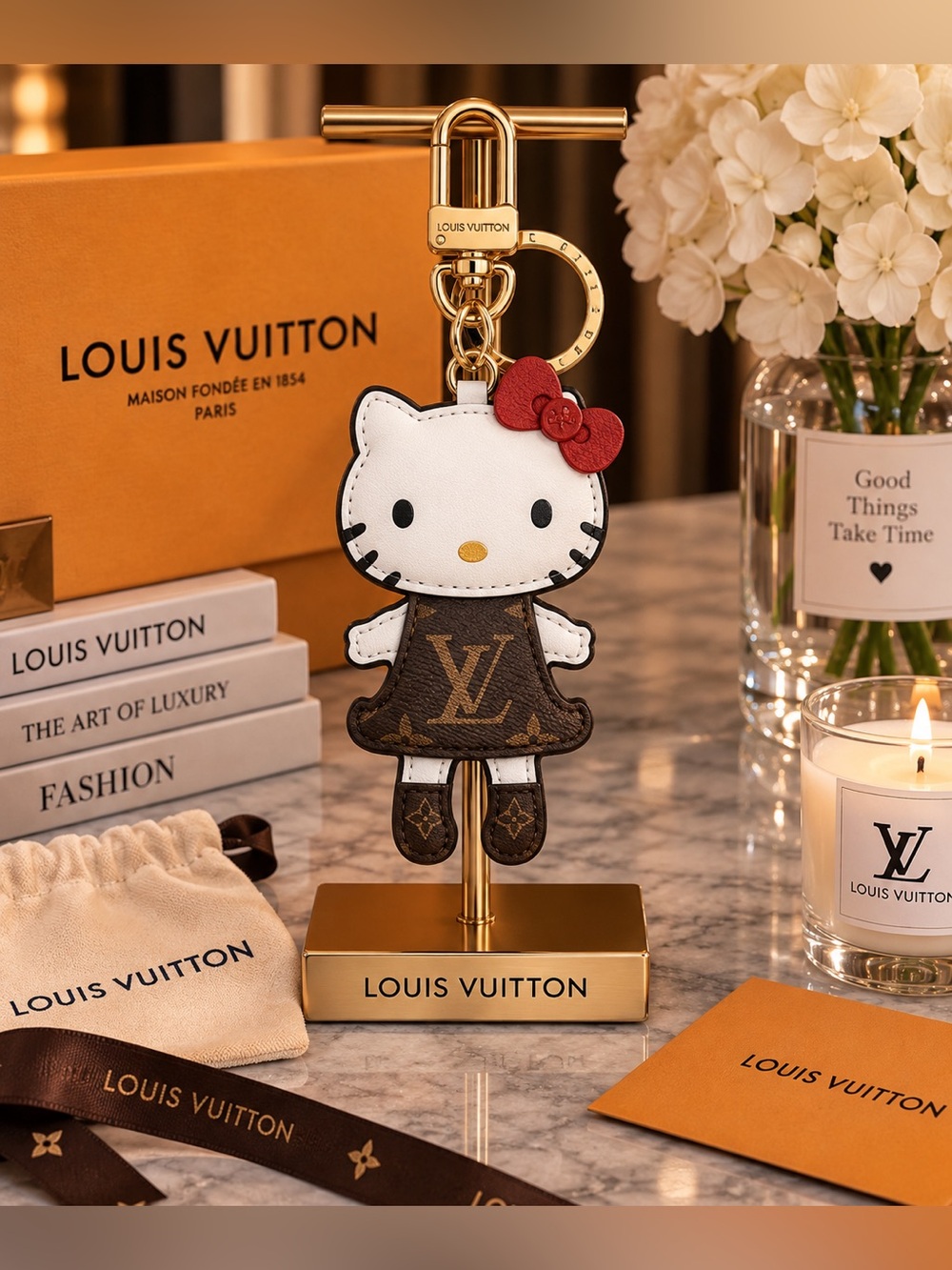Hello Kitty Style White & Brown Keychain Charm with Red Bow